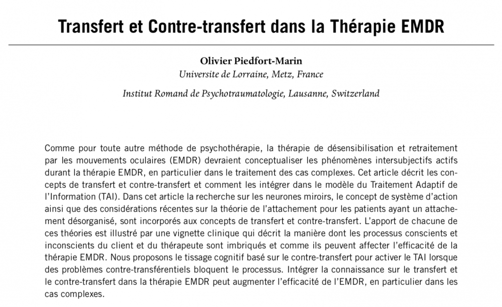 Image Transfert et contre-transfert en EMDR – Quelques éléments complémentaires à l’article paru dans le Journal of EMDR Practice and Research.